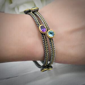 rtisan Cable Bangles Amethyst Aquamarine Silver 18K Two Piece Set size 7